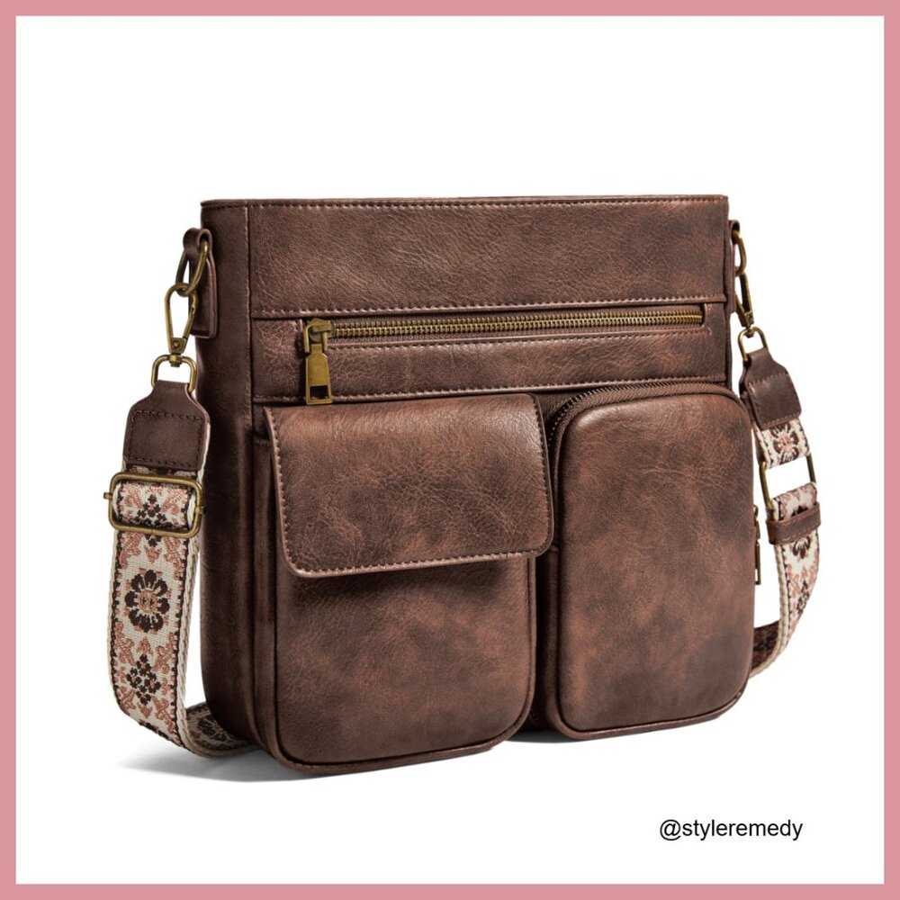 Vegan Leather Crossbody Bag with 7 Pockets, Adjustable Strap